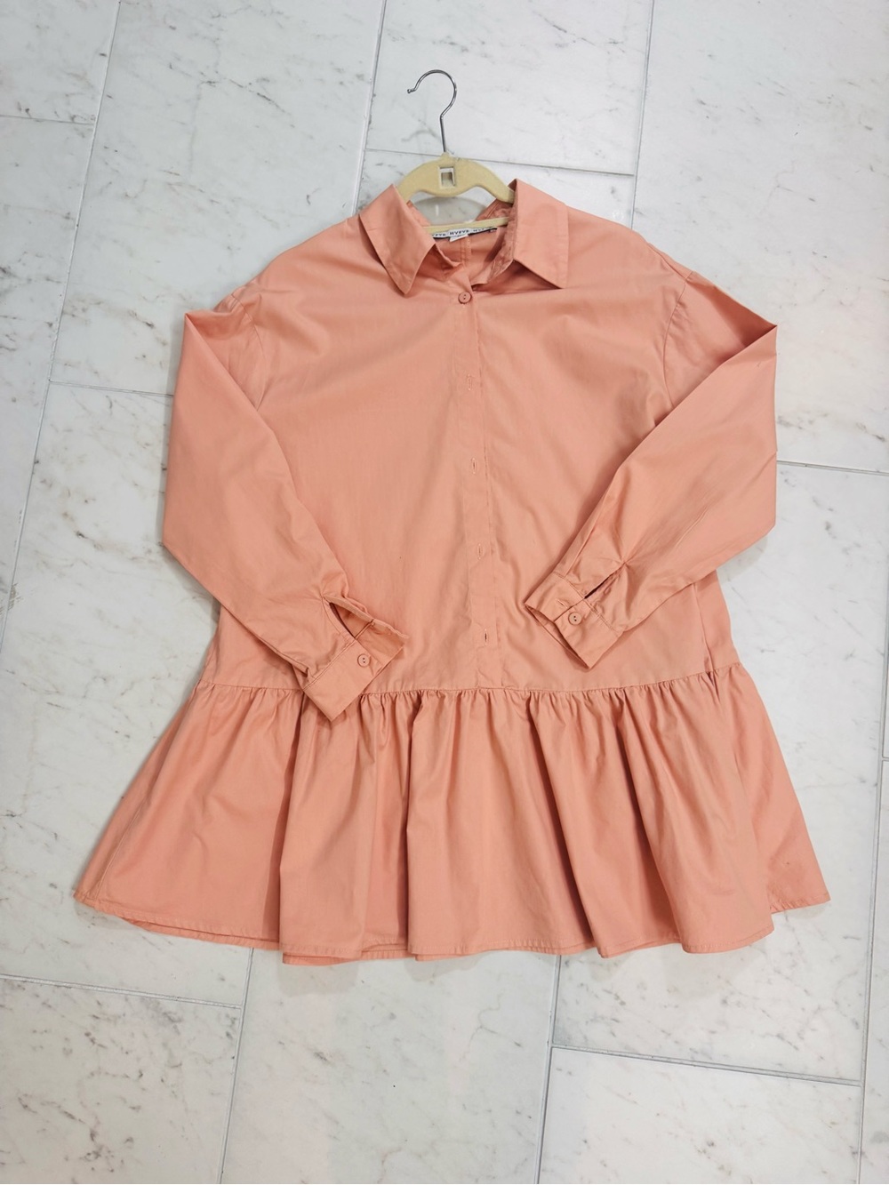 HYFVE Boutique Peach Poplin Ruffle Hem Shirt Dress Chic Oversized Tunic womens s